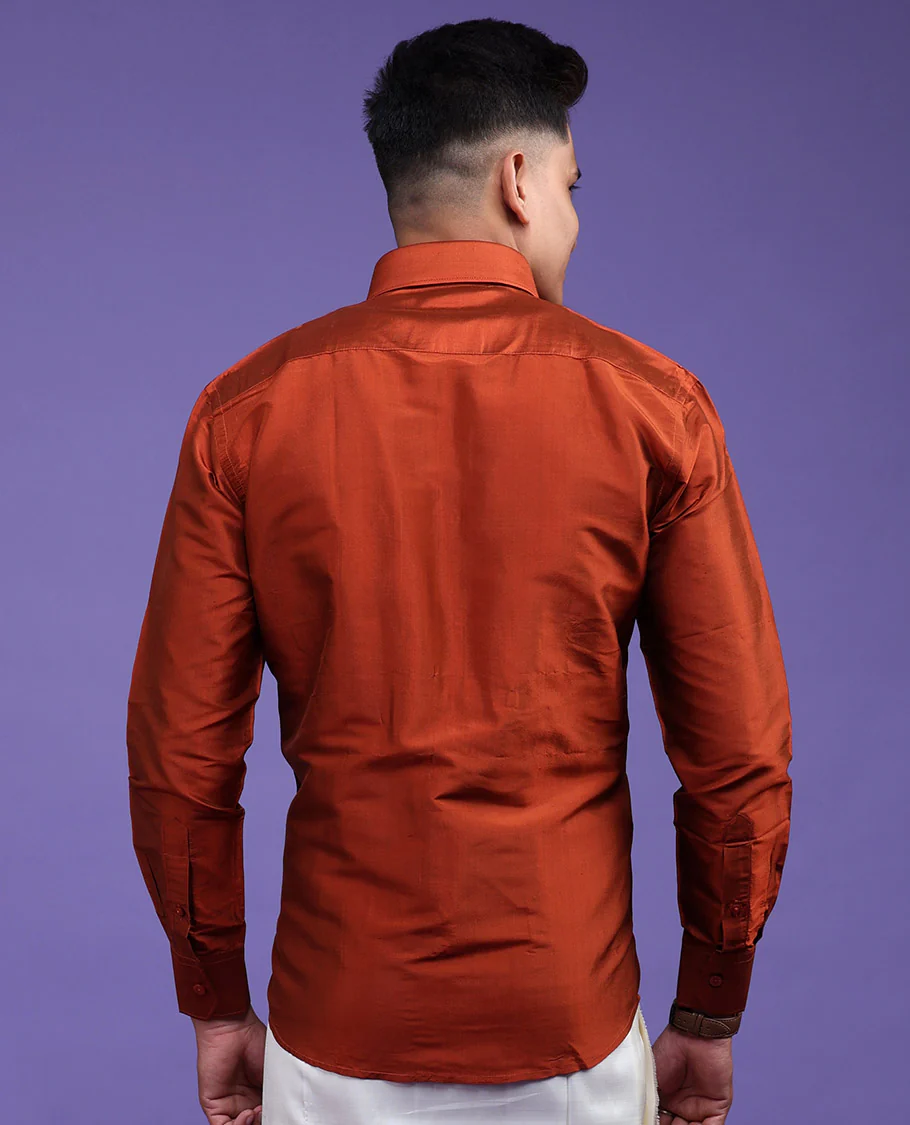 Orange plain design full-sleeve pure-silk shirt - Image 6
