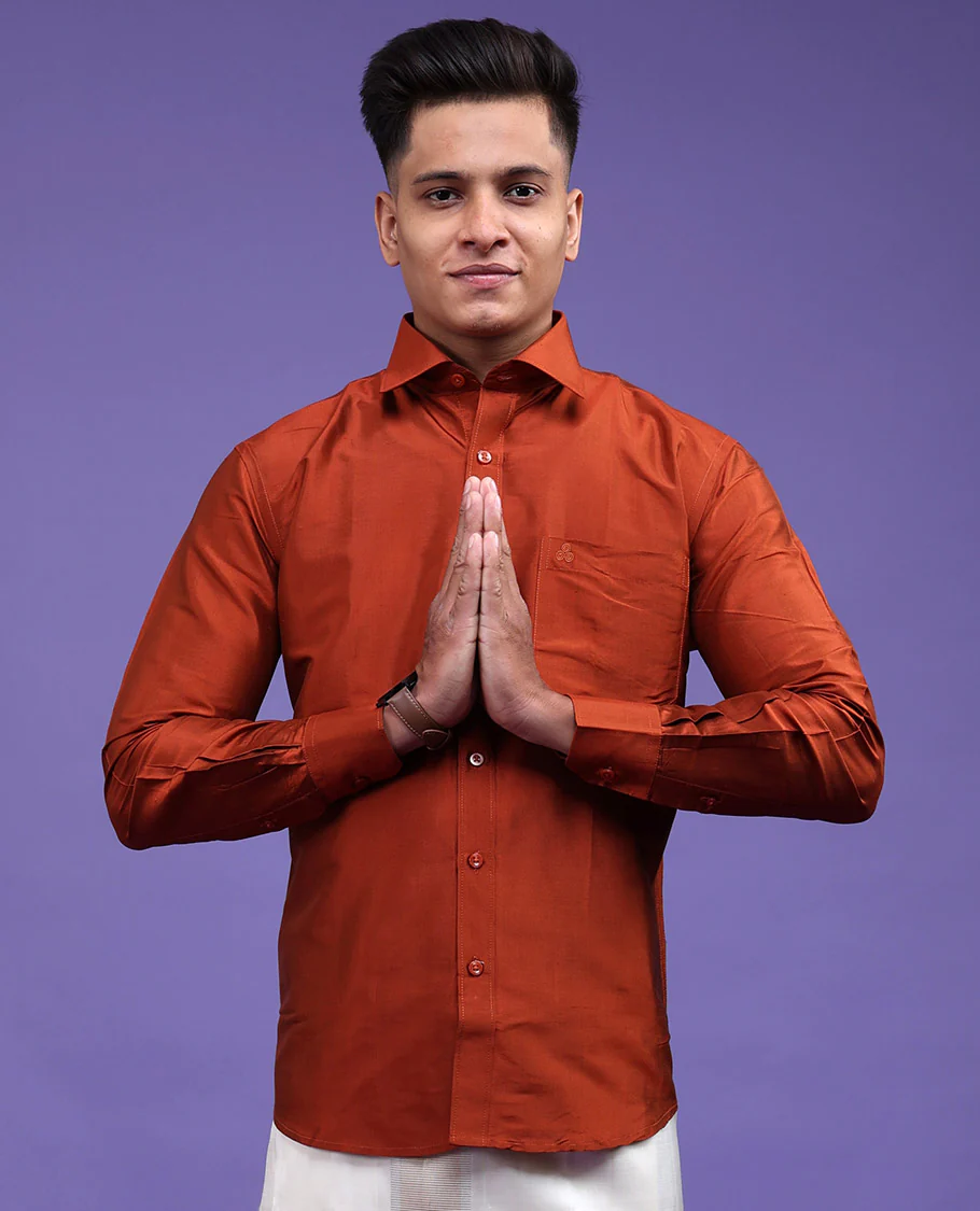 Orange plain design full-sleeve pure-silk shirt - Image 9