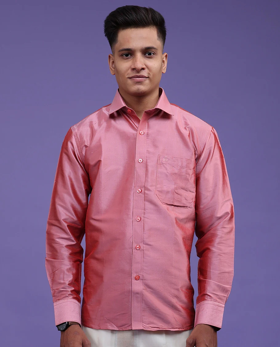 Pink plain design full-sleeve pure-silk shirt - Image 13