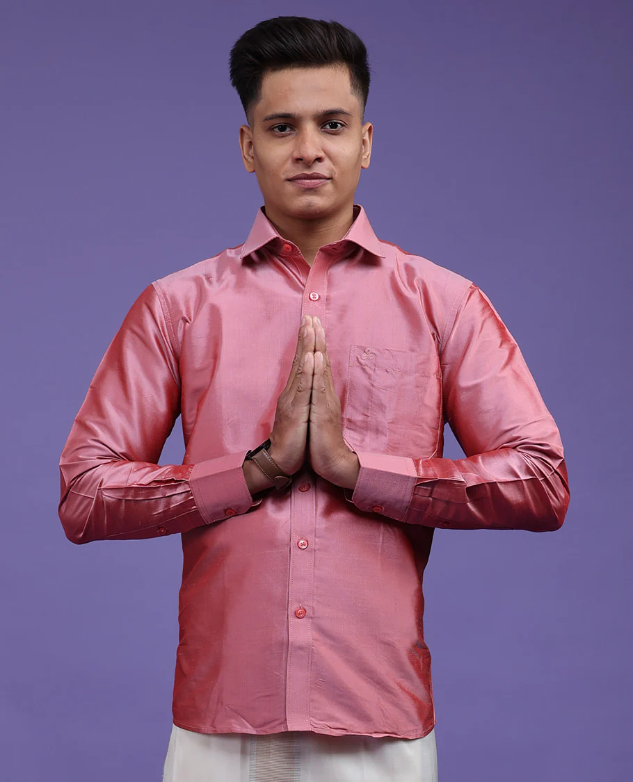 Pink plain design full-sleeve pure-silk shirt - Image 3