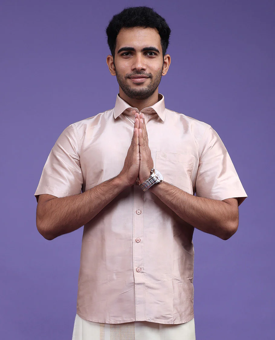 Cream plain design half-sleeve pure-silk shirt - Image 15