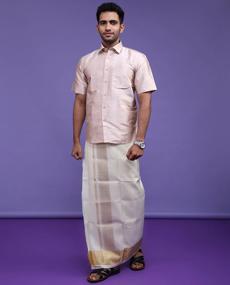 Cream plain design half-sleeve pure-silk shirt - Image 16