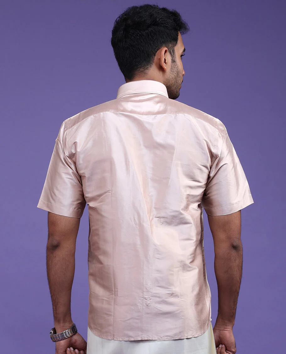 Cream plain design half-sleeve pure-silk shirt - Image 6