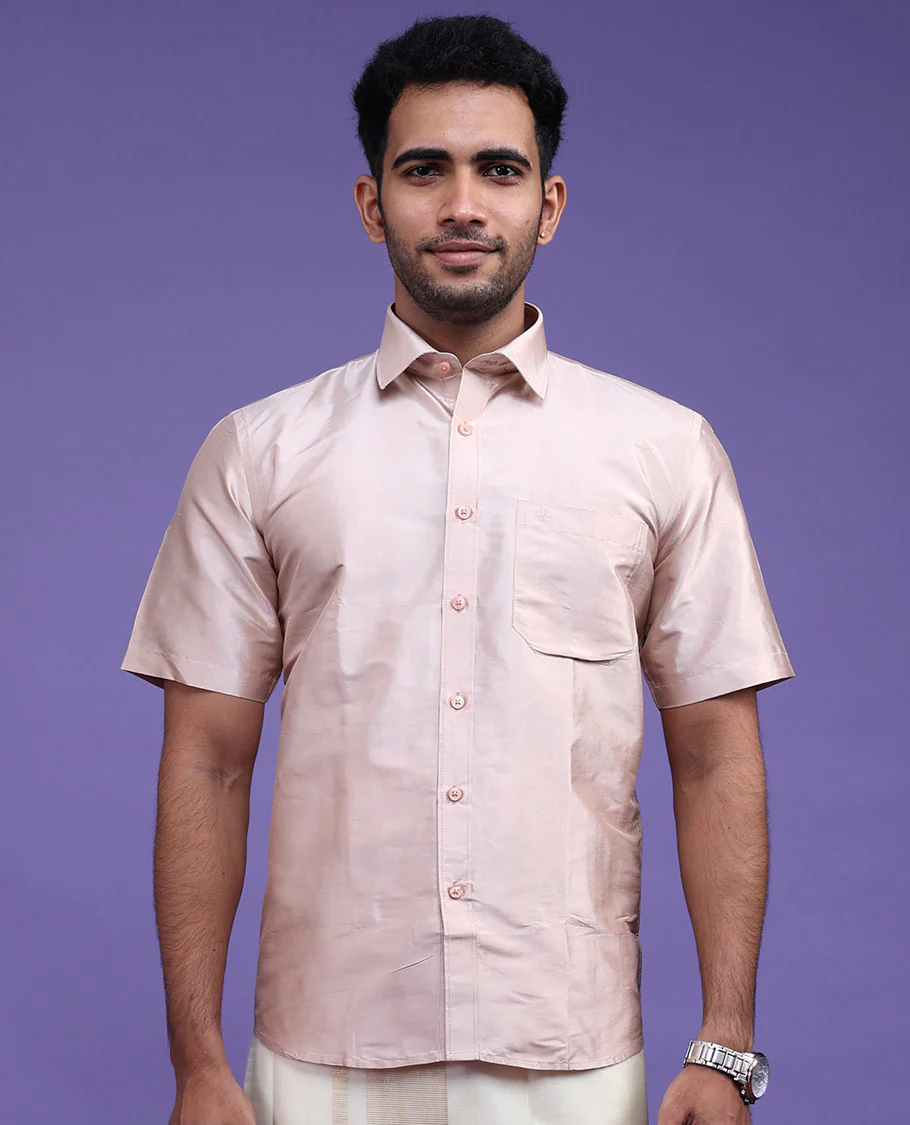Cream plain design half-sleeve pure-silk shirt - Image 7