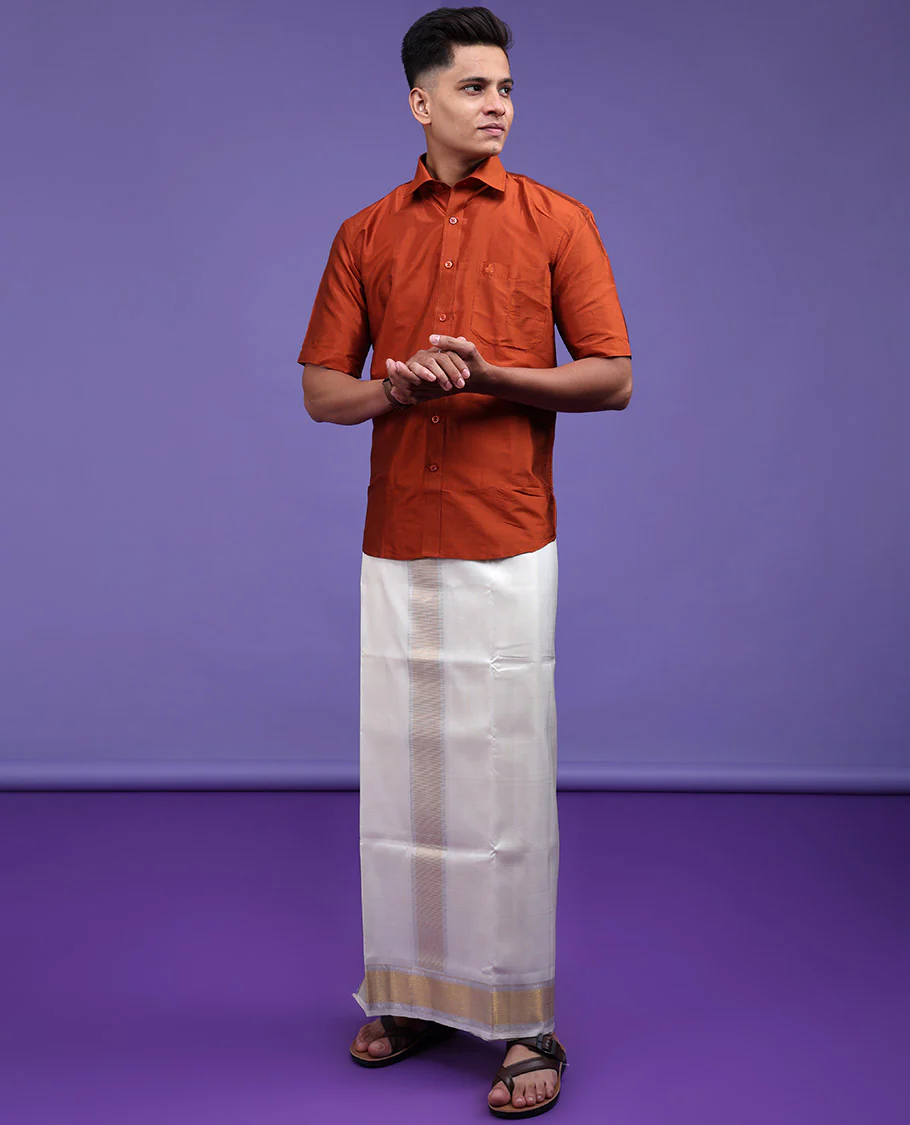 Orange plain design half-sleeve pure-silk shirt - Image 10