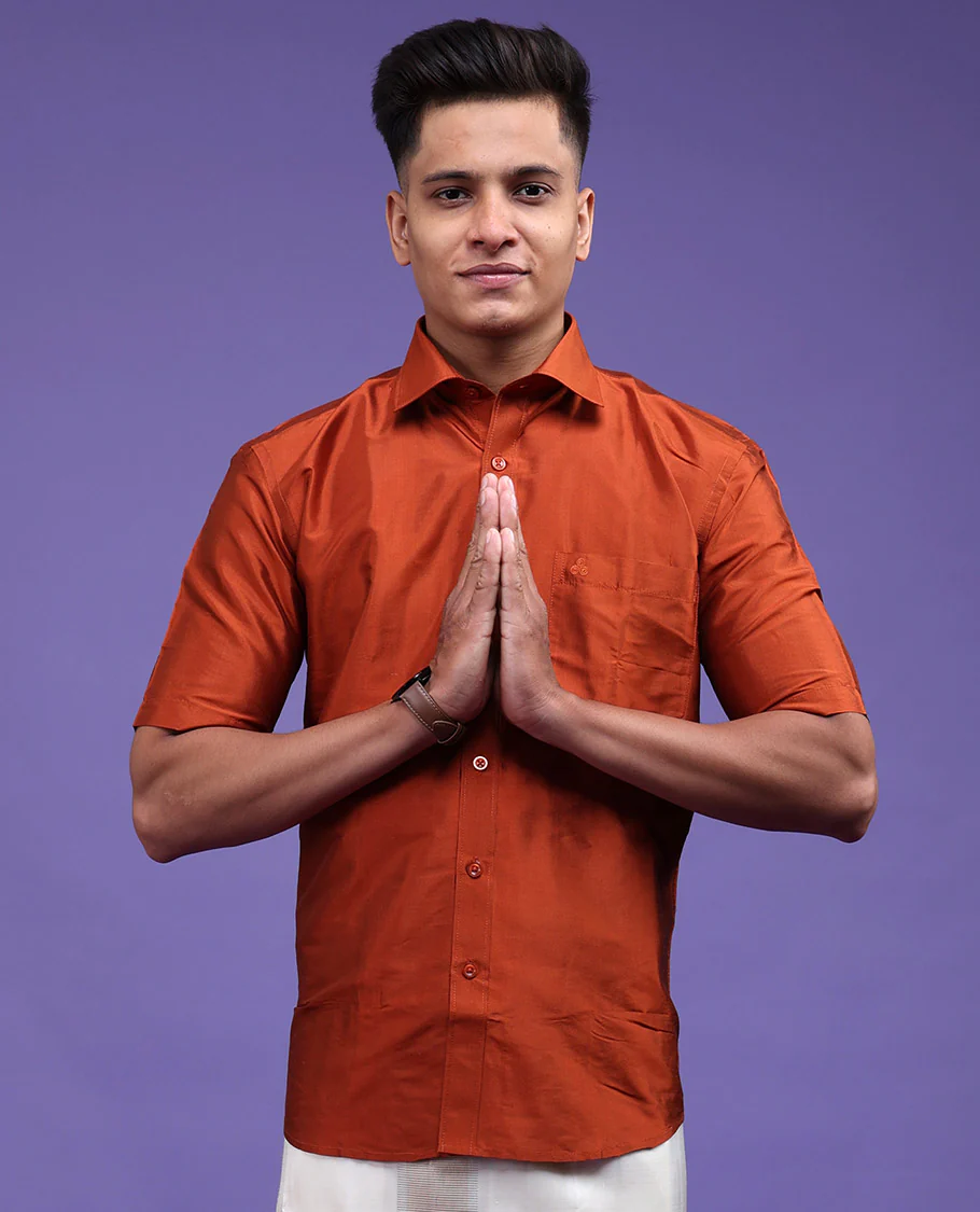 Orange plain design half-sleeve pure-silk shirt - Image 15