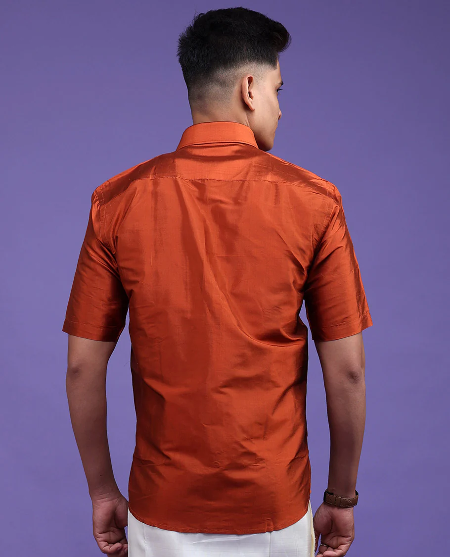 Orange plain design half-sleeve pure-silk shirt - Image 24