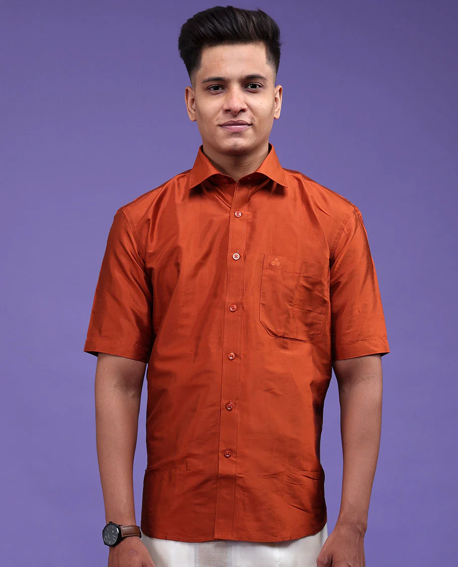 Orange plain design half-sleeve pure-silk shirt - Image 7