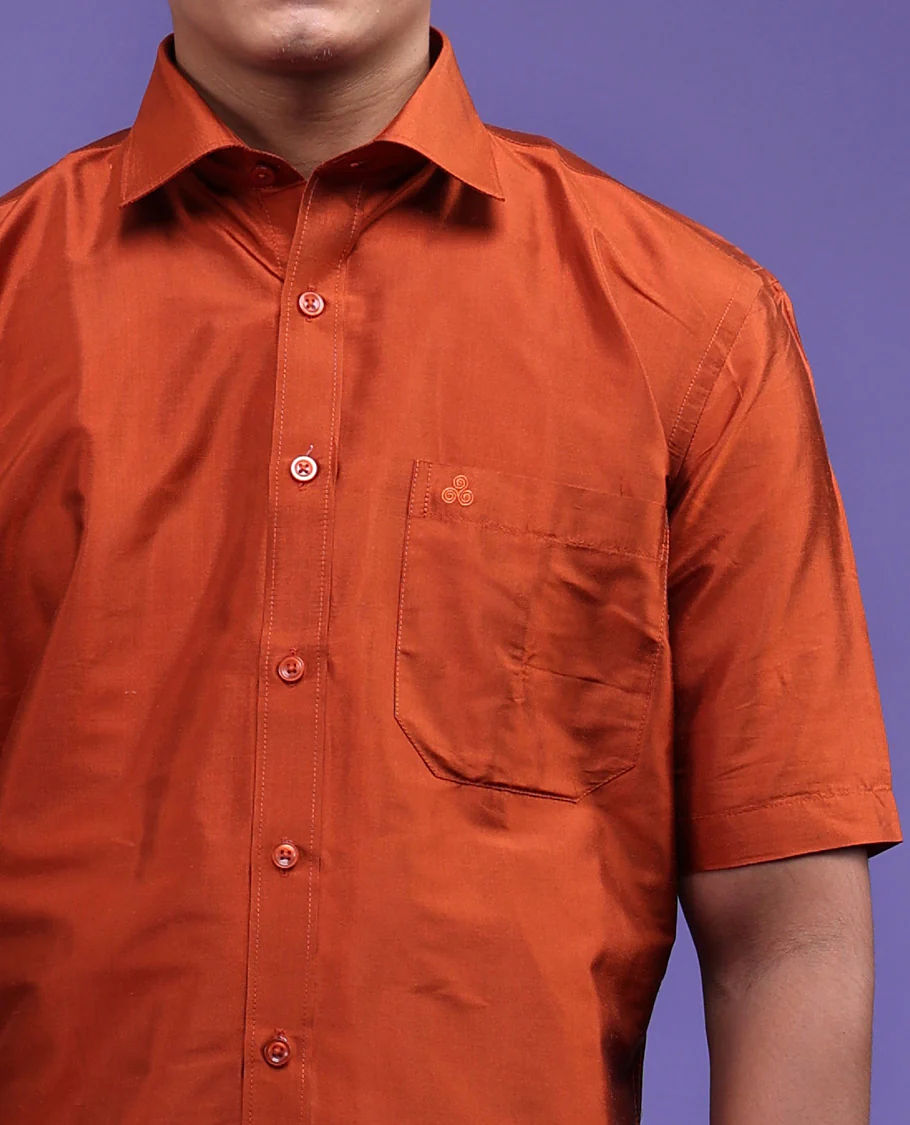 Orange plain design half-sleeve pure-silk shirt - Image 8