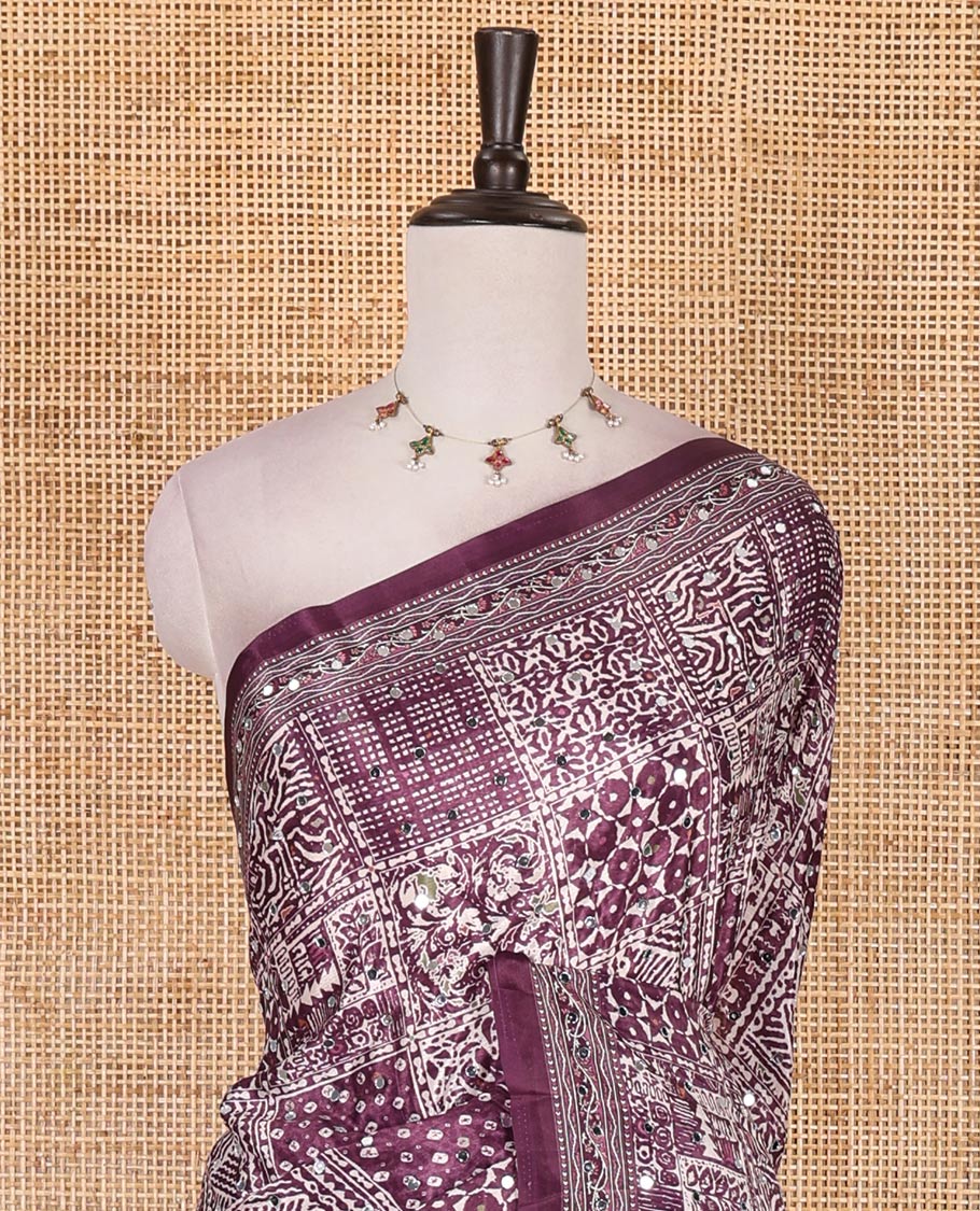 Purple floral-geometric printed and mirror work masakali saree, printed border, printed and mirror work pallu, and a matching printed blouse - Image 3