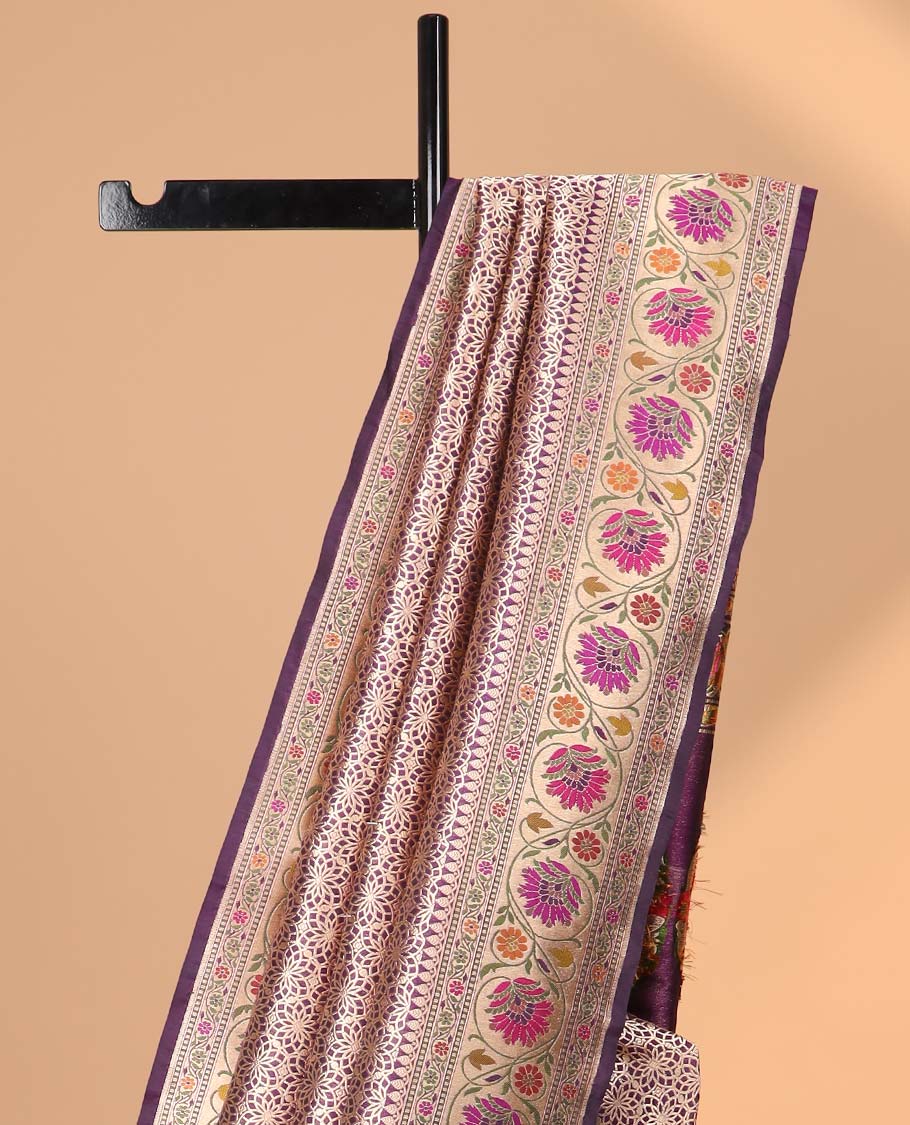 Purple floral jaal banaras silk saree with contrast floral border & floral zari design pallu - Image 4