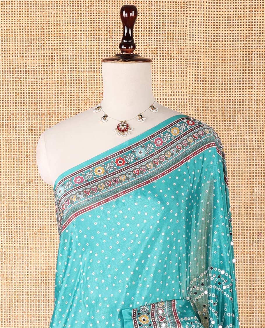 Rama green bandhani printed , mirror work synon silk saree with printed border, mirror work & printed pallu along with bandhani printed blouse - Image 3