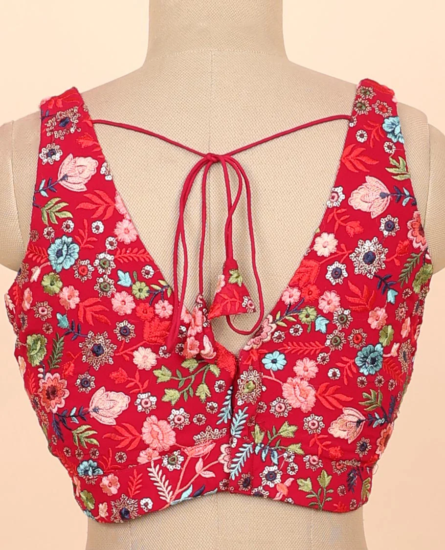 Red floral embroidery front & back deep v-neck raw-silk readymade sleeveless blouse - Image 4