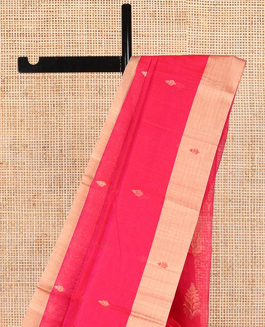 Red leaf motifs chanderi cotton saree with contrast zari border & striped pallu - Image 4