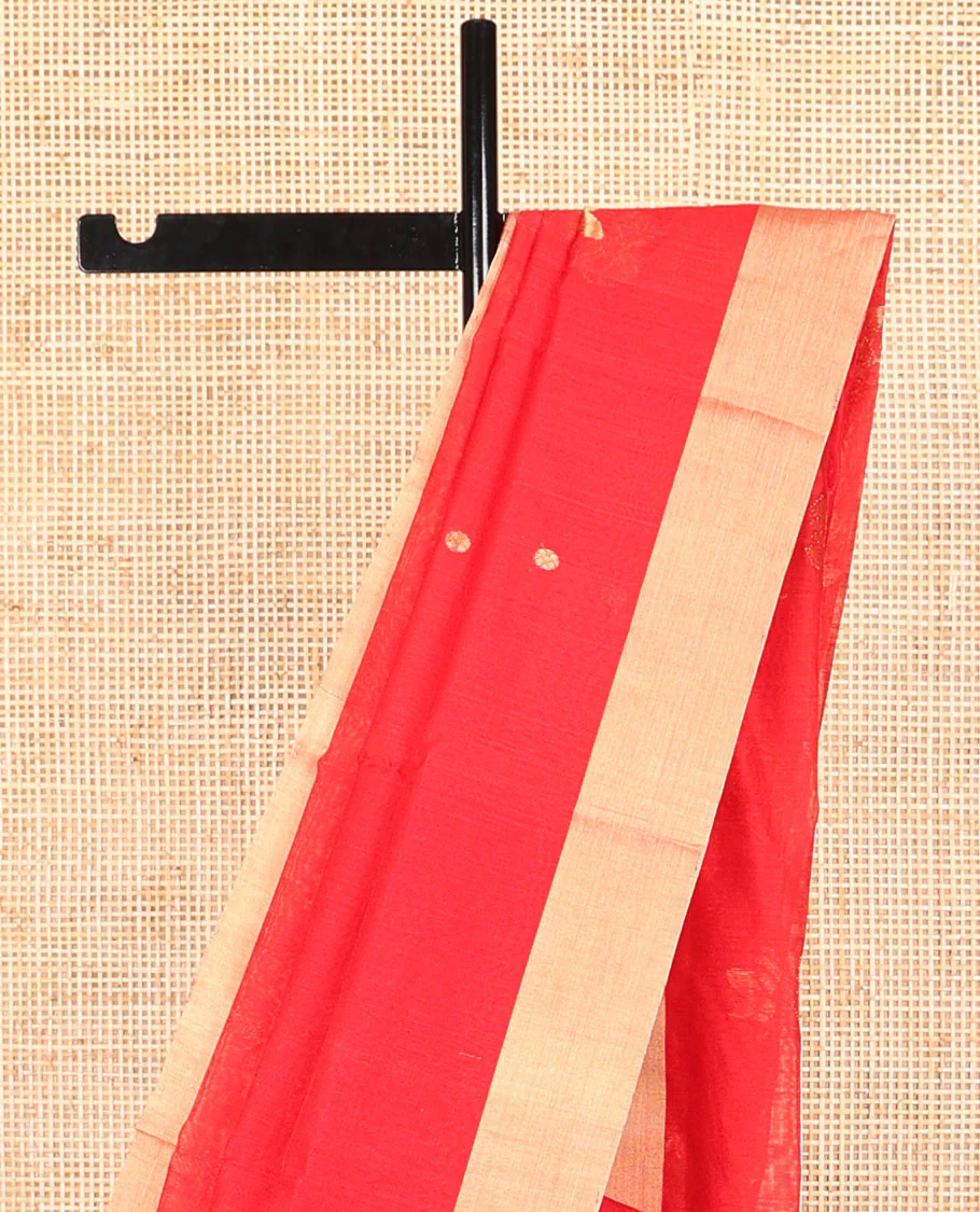Red motifs chanderi cotton saree with contrast border & striped pallu - Image 3