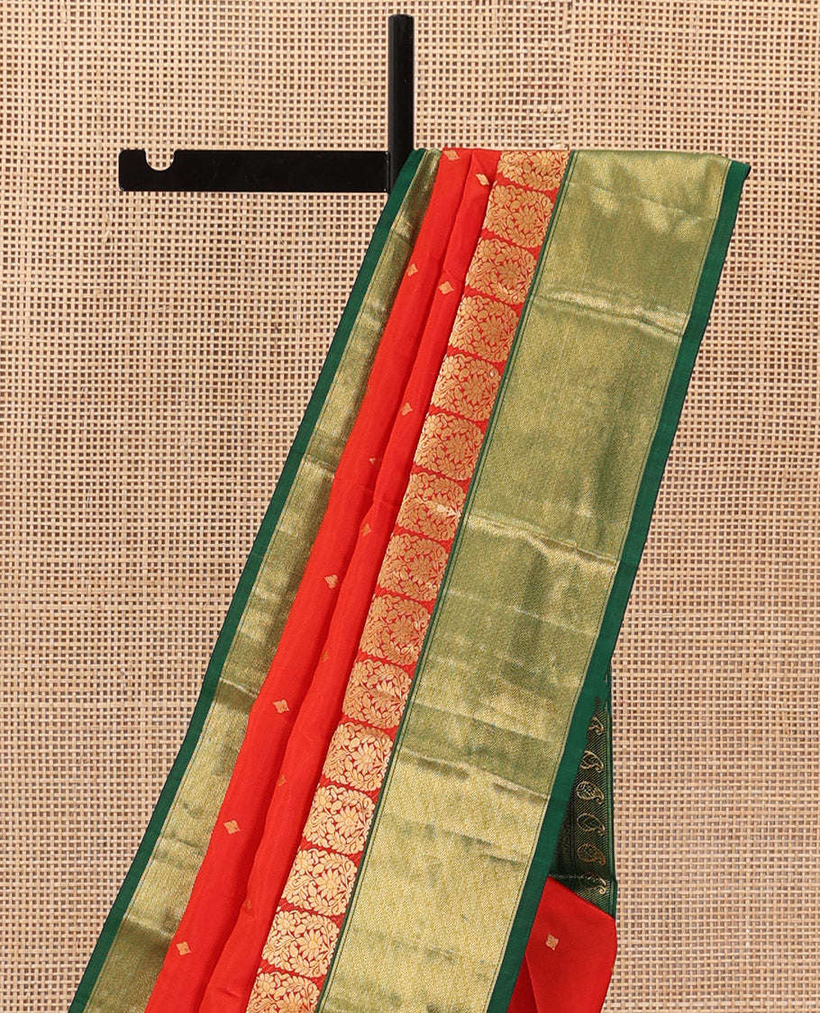 Red zari buttas Bangalore silk saree, contrast zari border of paisleys, and jaal pallu - Image 4