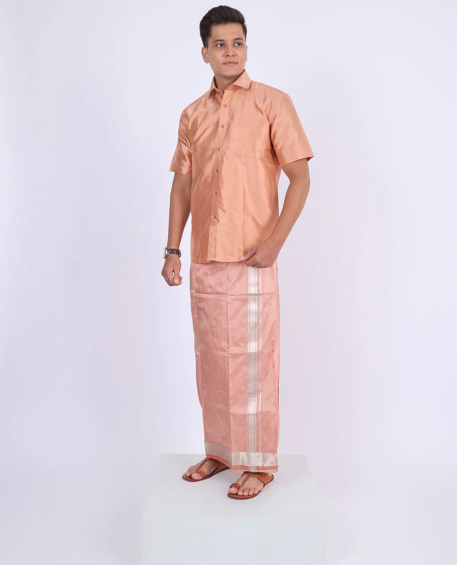 Rose gold kuyil kann zari border double-layer kanchipuram wedding pure silk dhoti - Image 3