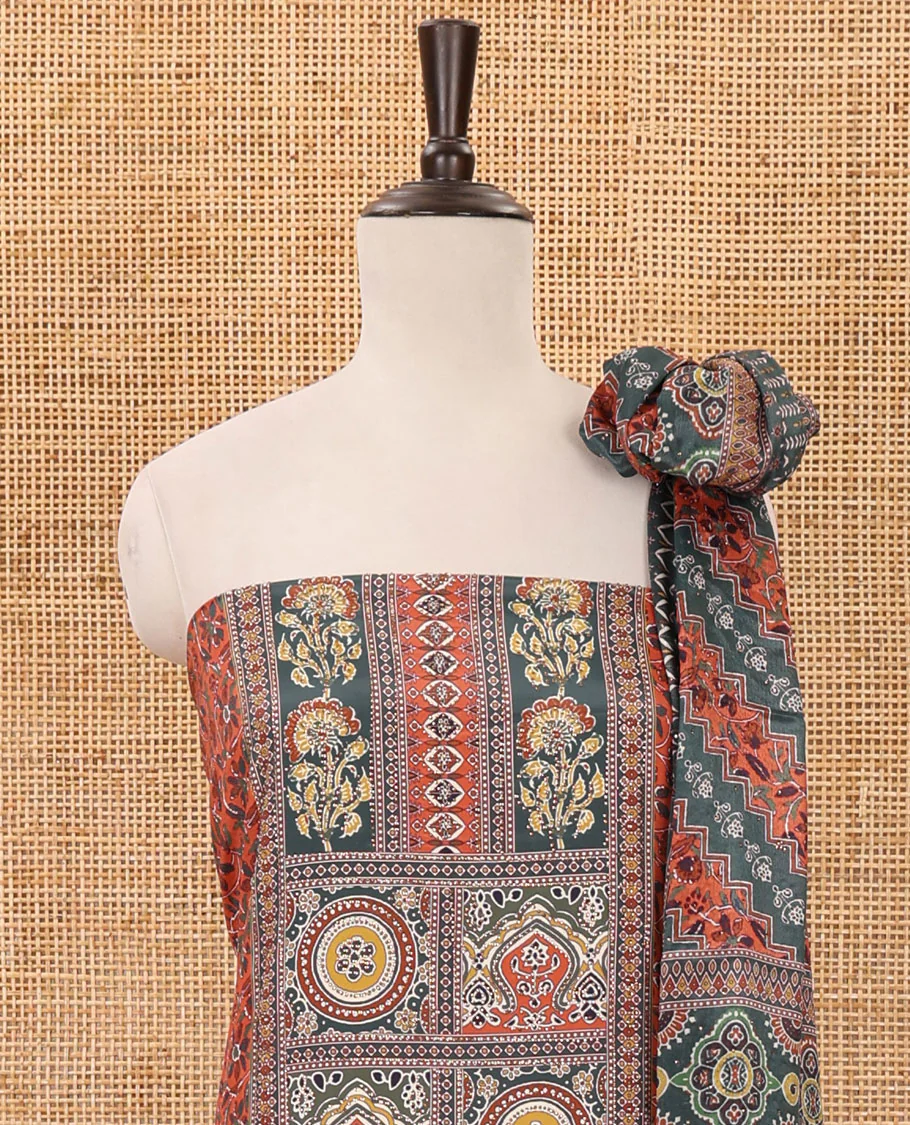 Rust material chudidar set, floral-geometric Arjrakh print & stone work Masakali crepe top,plain bottom & Arjrakh print & stonework chinon dupatta - Image 3
