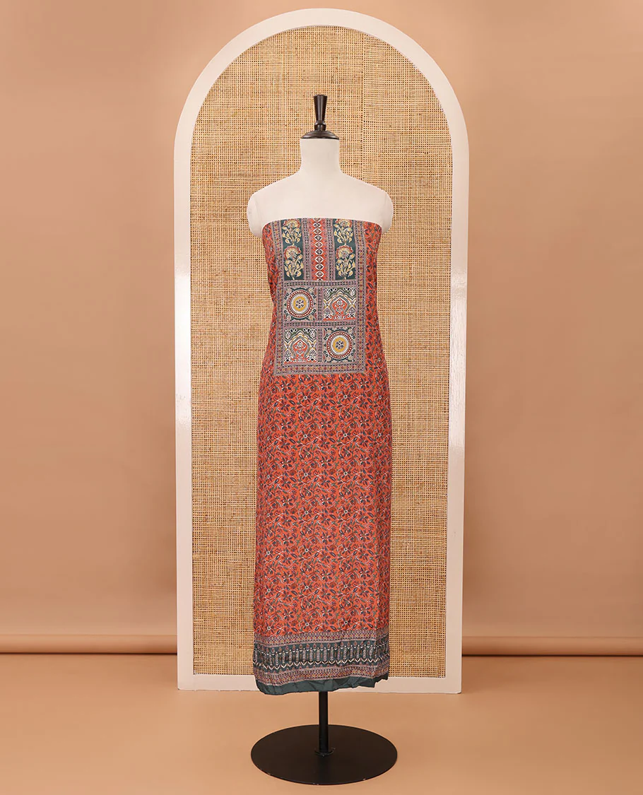 Rust material chudidar set, floral-geometric Arjrakh print & stone work Masakali crepe top,plain bottom & Arjrakh print & stonework chinon dupatta - Image 4