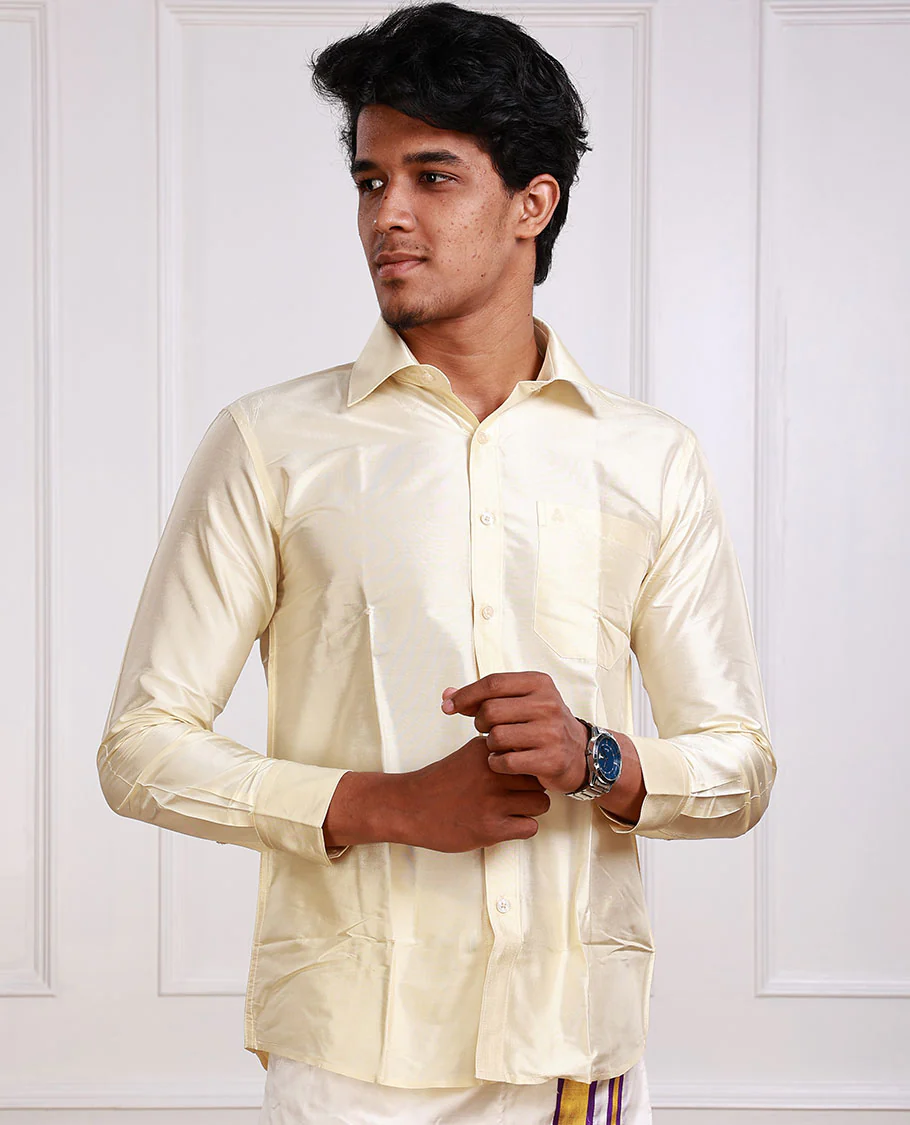 Sandal plain design full-sleeve pure-silk material shirt - Image 3