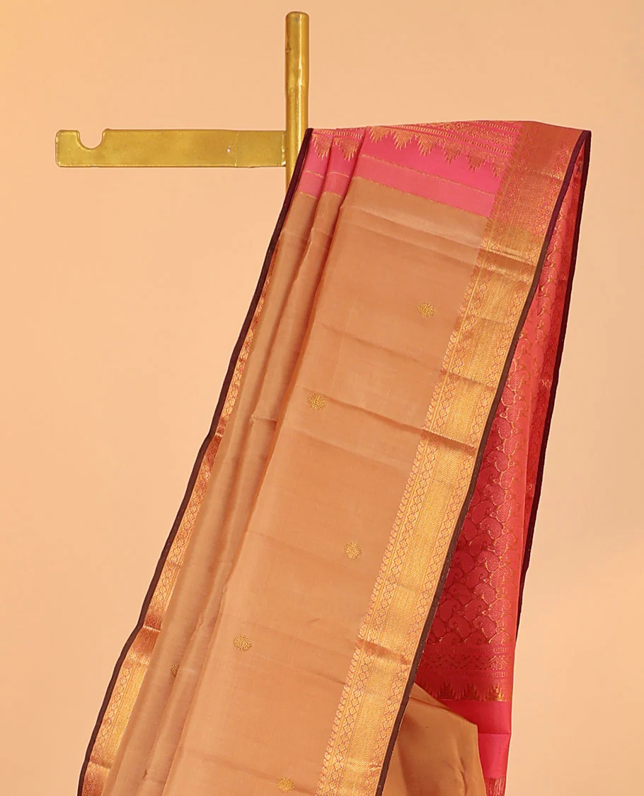 Sandal zari buttas kancheepuram silksaree, zari border of manga & kamalam & contrast pallu steeped with paisleys - Image 3