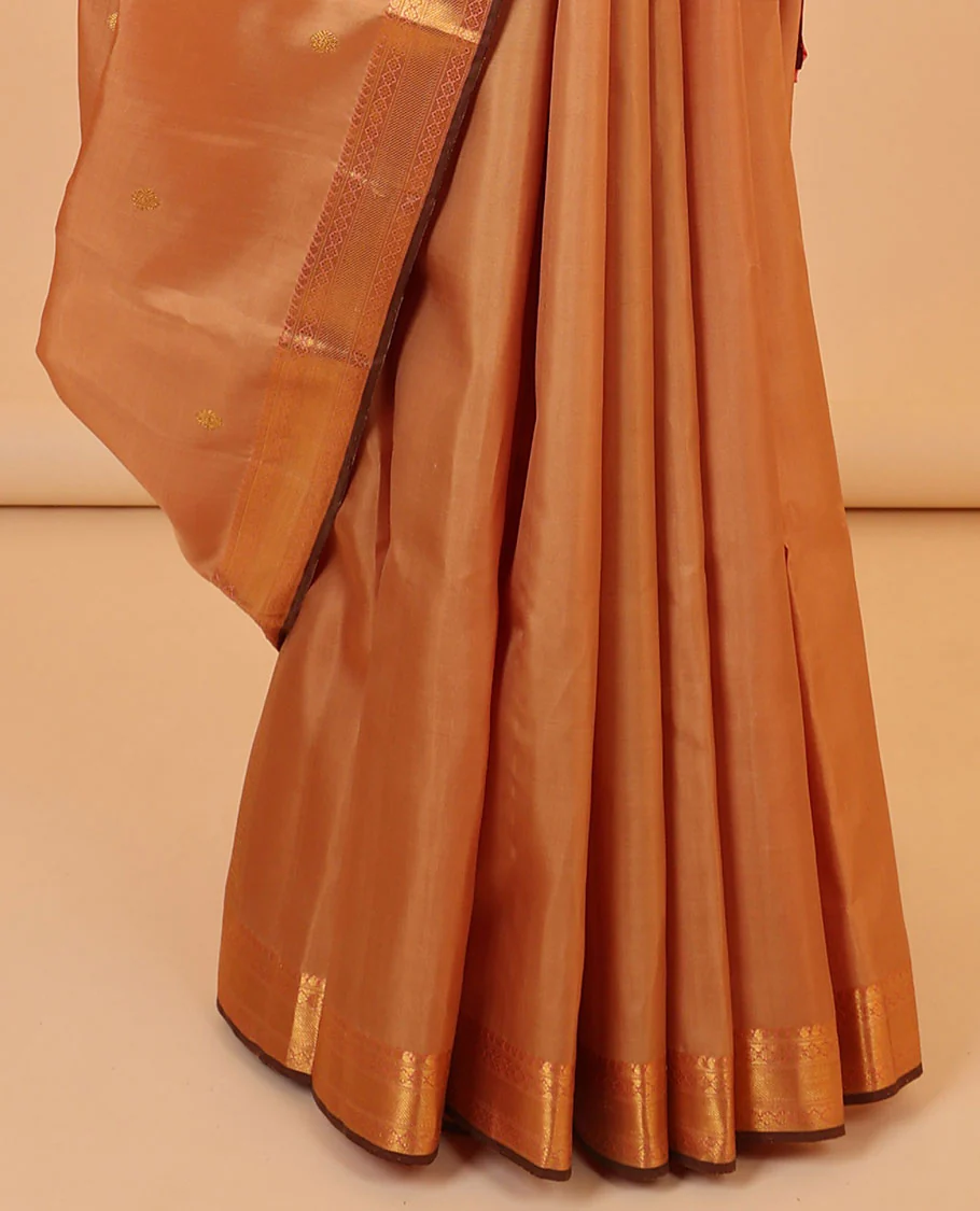 Sandal zari buttas kancheepuram silksaree, zari border of manga & kamalam & contrast pallu steeped with paisleys - Image 4