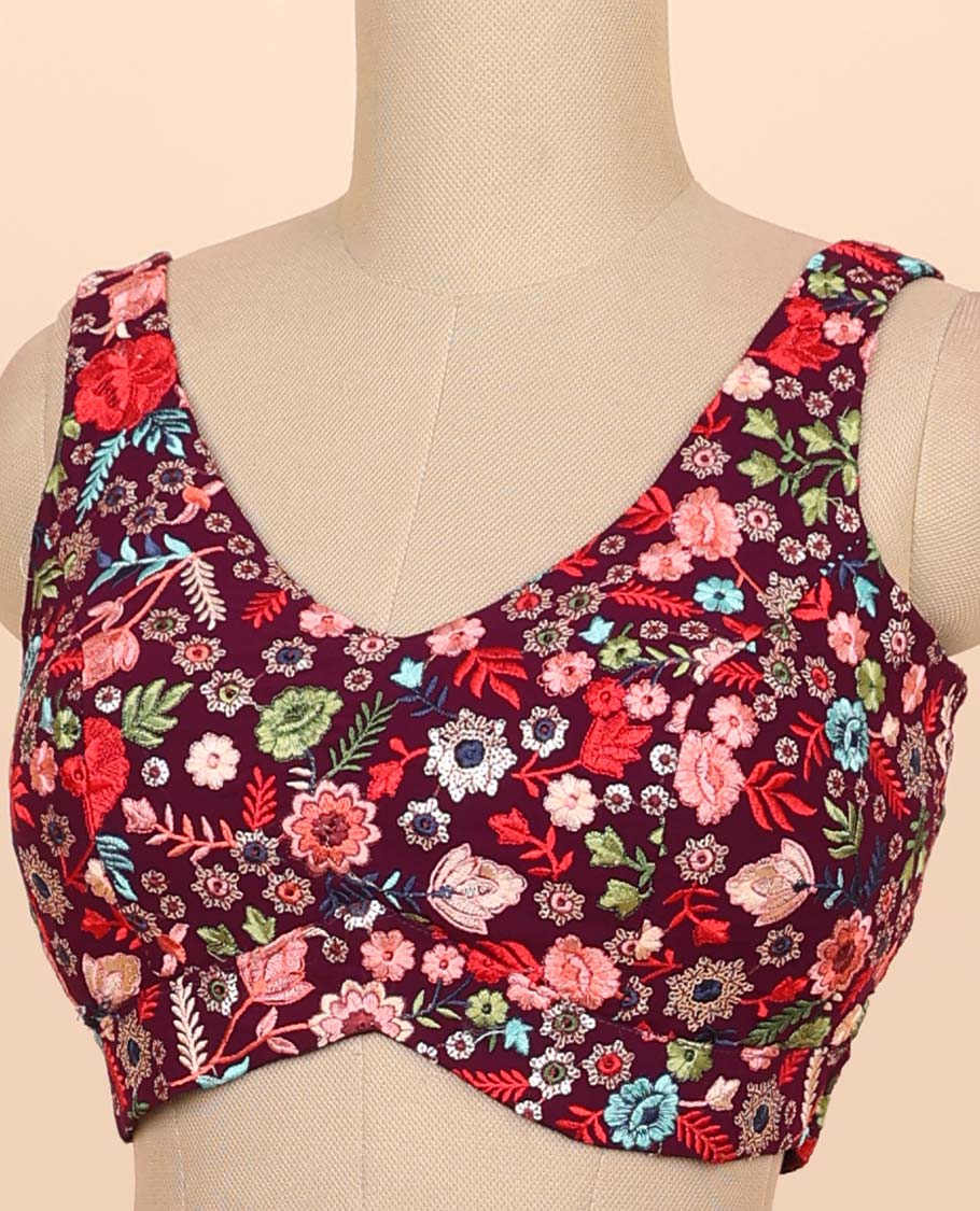 Maroon floral embroidered front & back deep v-neck raw-silk readymade sleeveless blouse - Image 3
