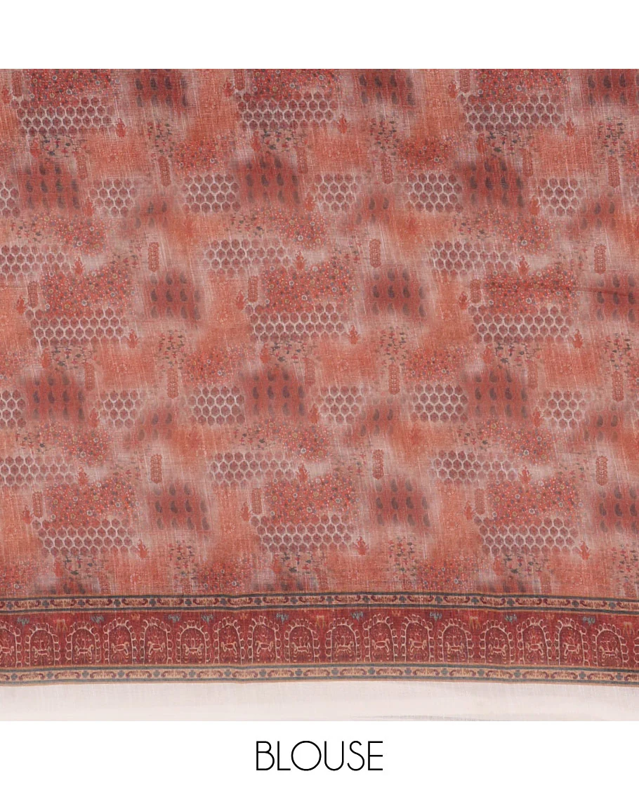 White half-plain & half-printed linen cotton saree, brown-color printed border, paisley motifs printed pallu & uniquely printed blouse - Image 4